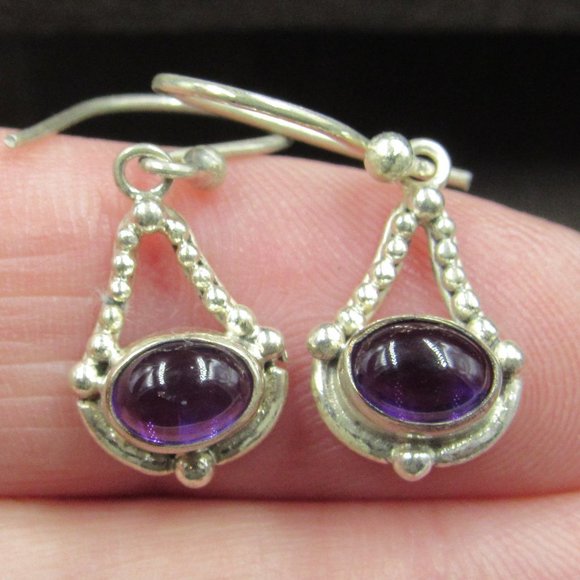 Jewelry - Sterling Silver Oval Uncut Amethyst Fancy Earrings Vintage